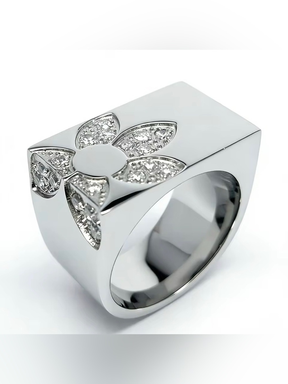 Italian Luxury Jewelry Silver Tone Statement Ring Size 8 Floral Crystal Design